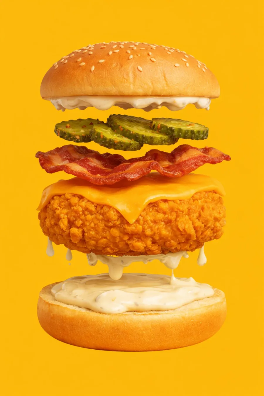 El Pecado Barato — Pan Not Martins, pollo crujiente, queso cheddar, tocino ahumado crujiente, pepinillos picantes y salsa Alioli doble