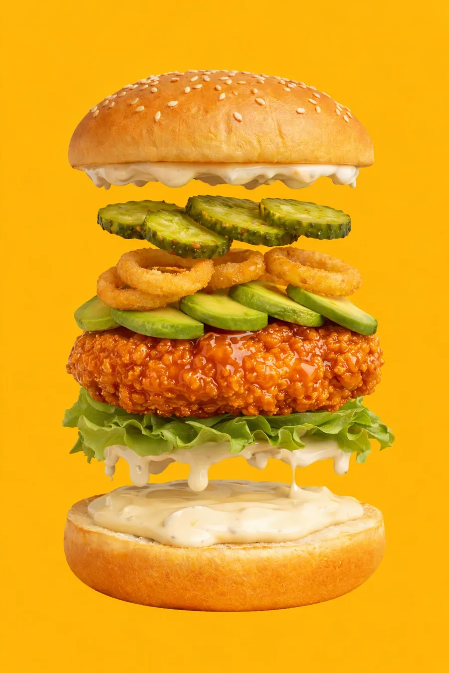 El Primer Beso — Pan Not Martins, palta cremosa, pollo crujiente glaseado con miel, aros de cebolla apanados, pepinillos picantes, lechuga y salsa Alioli
